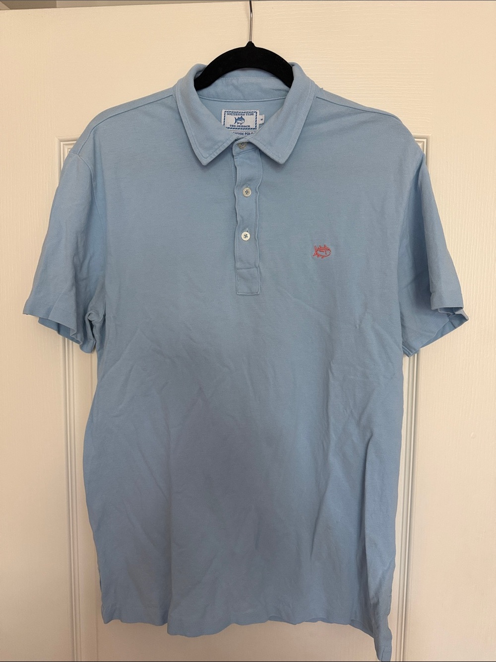 Southern Tide Light Blue Polo with Contrasting Pink Fish Logo Medium